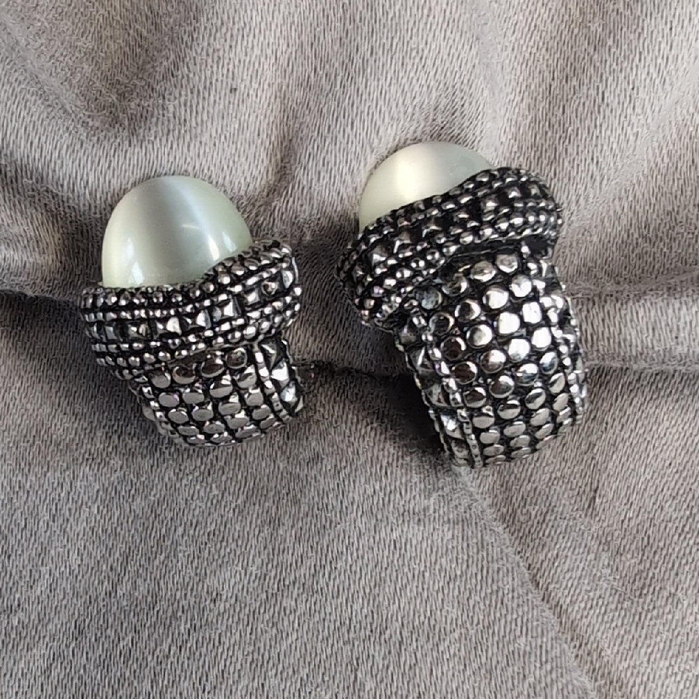 Vintage Silver and White Cat Eye Earrings